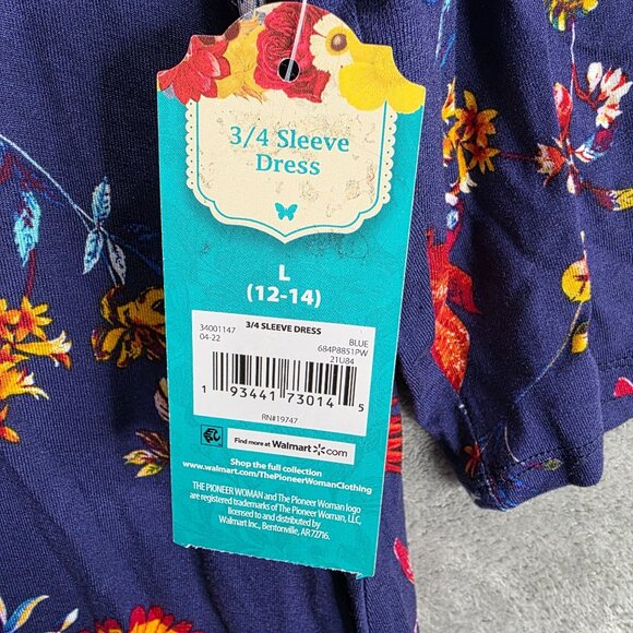 The Pioneer Woman Blue Floral 3/4 Sleeve Dress Rayon Spandex Blend L (12-14) - Picture 2 of 9